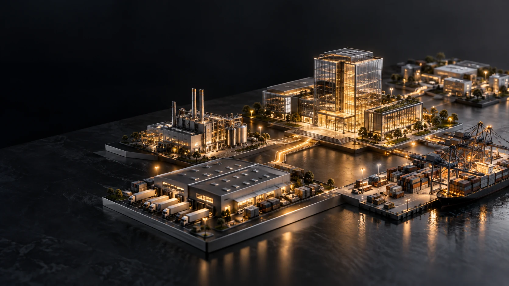 Conceptual 3D business ecosystem with a headquarters, factory, warehouse and container terminal