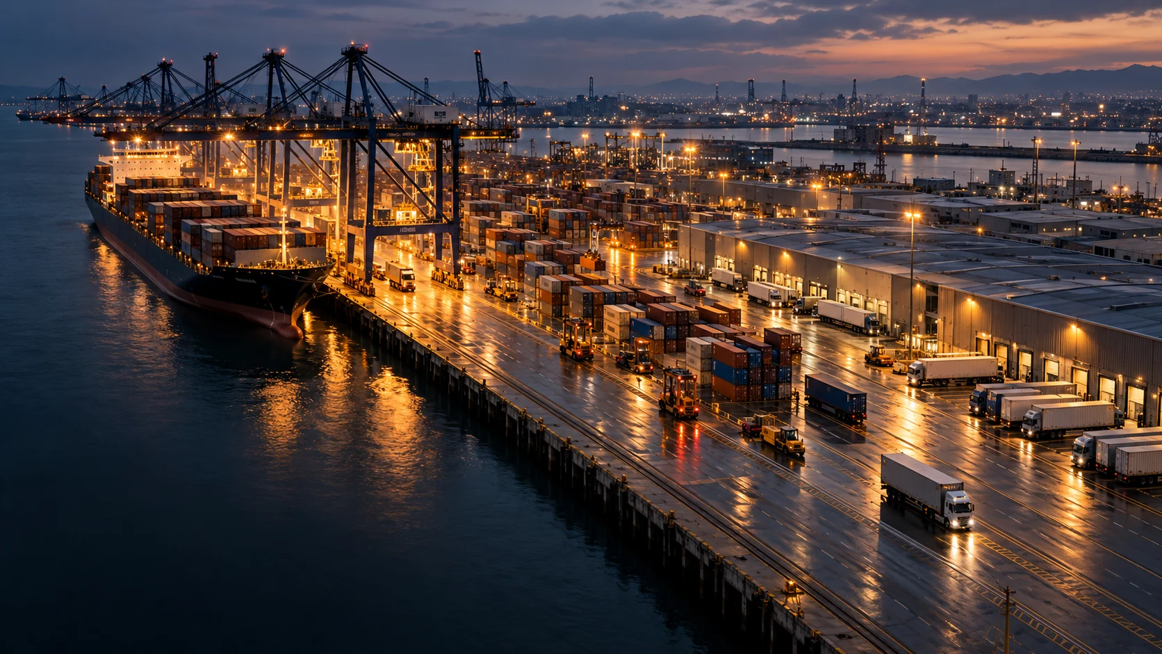 Conceptual editorial view of a logistics terminal, warehouses and cargo operations at dusk